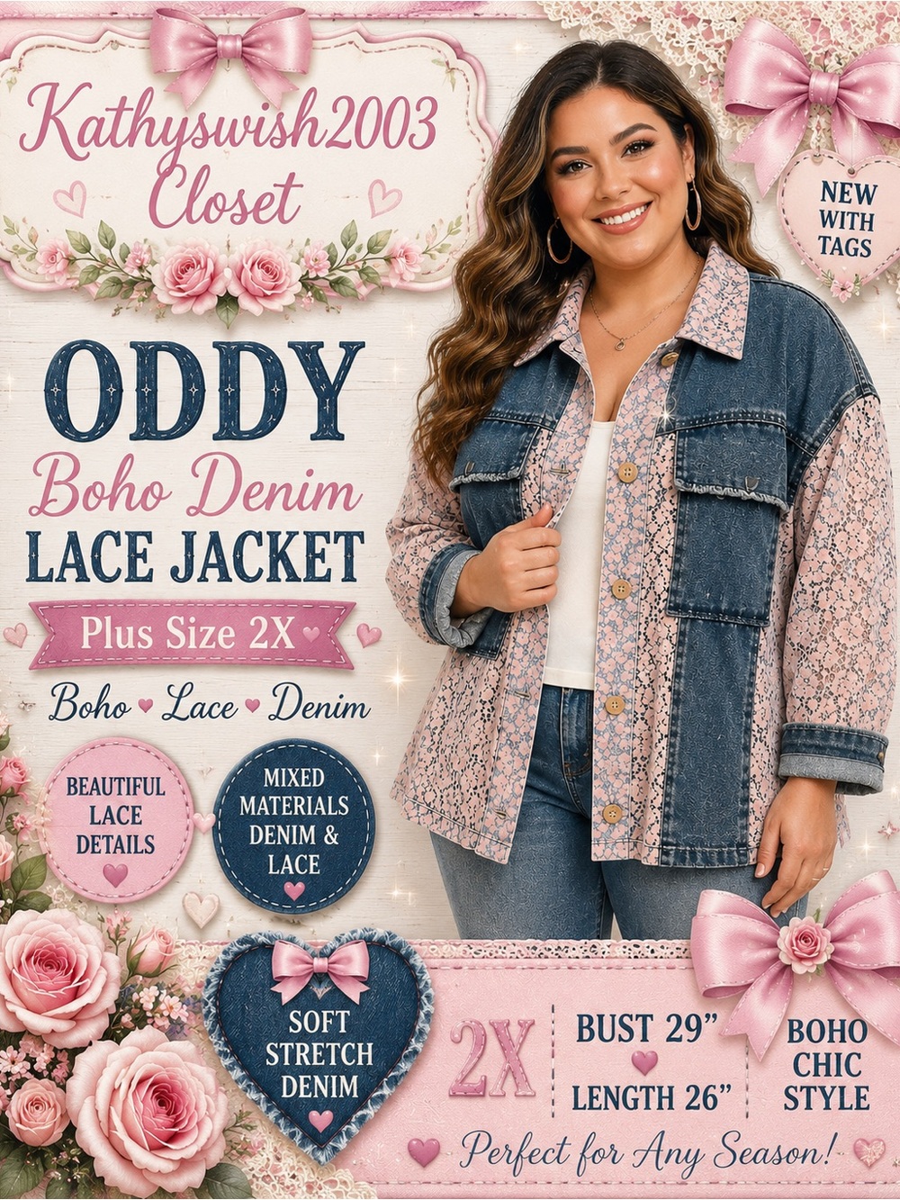 Oddy Women’s Plus Size 2X Boho Denim Lace Long Sleeve Jacket.